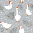 Seamless pattern of geese and geese paws imprints. Winter background with snow and pine branches. Vector illustration in cartoon style