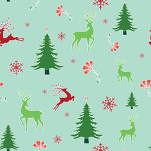 Seamless Pattern With Christmas Trees, Snow, Flowers And Flat Images Of Deer.