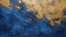 A Blue Wall With Dabs Of Gold Paint. Abstract Background. Contemporary Art