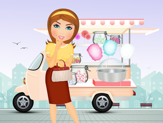 Poster - illustration of woman buys the cotton candy