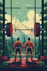 Poster - Illustration of weightlifters competing in a retro pixel art style, highlighting strength and determination.