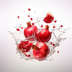 Wall Mural - Water splash with pomegranate isolated on white background. Waterdrops, mid motion. Copy space, banner. Healthy vegetarian lifestyle, vitamin organic food concept, exotic fruits