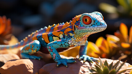 Poster - Serene pixel art of a gecko sunbathing on a pixelated rock, combining reptilian grace with the simplicity of retro graphics.