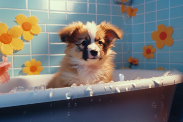 Aufkleber - Cute pixel art of a puppy enjoying bath time in a pixelated tub, radiating retro canine charm.