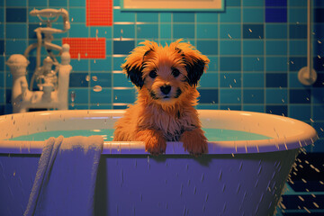 Aufkleber - Cute pixel art of a puppy enjoying bath time in a pixelated tub, radiating retro canine charm.