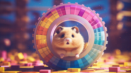 Wall Mural - Wholesome pixel art showcasing a hamster energetically running on a pixelated wheel, infusing retro playfulness.