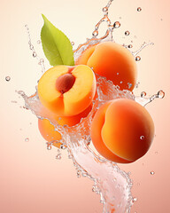 Wall Mural - Water splash with apricots isolated on peach background. Waterdrops, mid motion. Copy space, banner. Healthy vegetarian lifestyle, vitamin organic food concept, exotic fruits