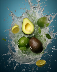 Wall Mural - Water splash with avocado and lemon on blue background. Waterdrops, mid motion. Healthy vegetarian lifestyle, vitamin organic food concept, exotic fruits