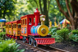 A children's miniature train ride in a public park, offering a delightful family attraction with a playful journey on a mini locomotive, adding to park entertainment.