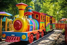 A Children's Train Ride At An Amusement Park, Featuring A Joyful Journey On A Colorful Locomotive, Providing Family Fun And An Engaging Amusement Attraction