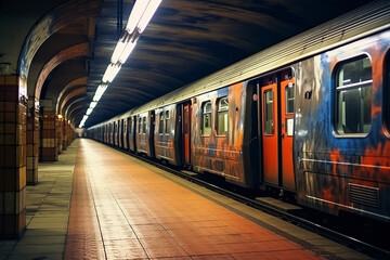 Poster - The underground subway system of a major city - a vital urban underground transit network bustling with activity and connecting the city's underbelly.