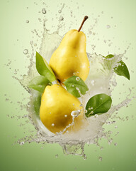 Wall Mural - Water splash with yellow pear isolated on light background. Waterdrops, mid motion. Healthy vegetarian lifestyle, vitamin organic food concept, fruits