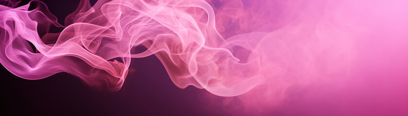 Wall Mural - Ethereal pink smoke swirls against a dark background, forming an abstract, dreamy atmosphere suitable for creative projects, events, or as an evocative backdrop. Banner with copy space.