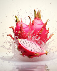 Wall Mural - Water splash with pink dragonfruit on light background. Waterdrops, mid motion. Healthy vegetarian lifestyle, vitamin organic food concept, exotic fruits