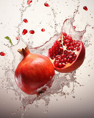 Wall Mural - Water splash with pomegranate isolated on white background. Waterdrops, mid motion. Copy space, banner. Healthy vegetarian lifestyle, vitamin organic food concept, exotic fruits