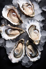  Fresh oysters on ice. Flat lay, top view. Ai Generative