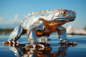 Work of art of a frog, made of liquid metal and white background. Generative AI.