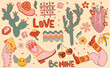 Retro Valentine's Day sticker collection. Features cartoon groovy romantic elements and holiday hippie characters. Ideal as love stickers for posters and cards. Vector illustration.