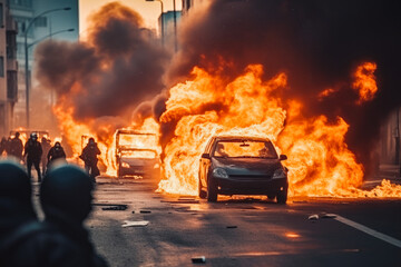 Car with fire on revolutionary riots and protests. Burning building and cars in the city. Special force police with equipment catching protesters in the day time.