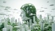 Engineer wearing helmet with double exposure very futuristic green forest and modern buildings 