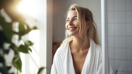 Wall Mural - Blonde woman standing in bathroom after shower, doing morning beauty routine. Advertising of bodycare spa procedures antiage recreation skin care salon concept.