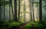 Fototapeta Las - Photograph of a beautiful foggy morning in a green forest