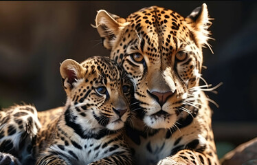 Poster - Jaguar Leopard family, cubs, love, photographic image with animals perfect for wall decoration . Ai Generative