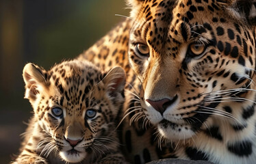 Wall Mural - Jaguar Leopard family, cubs, love, photographic image with animals perfect for wall decoration . Ai Generative