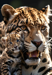 Wall Mural - Jaguar Leopard family, cubs, love, photographic image with animals perfect for wall decoration . Ai Generative