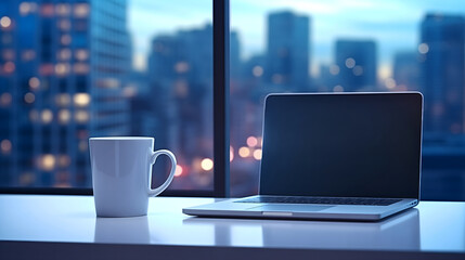 Close up photography of a white mug placed on a shiny gray textured table next to a laptop. City skyscrapers blurred in the background, tall buildings view through the transparent office glass windows