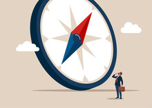 Tiny Entrepreneur Thinking With Big Compass. Solving Problem, Difficult Decision Making. Business Compass Guidance Direction. Flat Vector Illustration