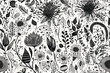 Spring magic. Seamless floral pattern. Black and white. Vector vintage illustration.