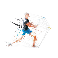 Tennis player backand shot, isolated low poly vector illustration. Tennis logo