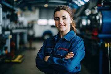 Wall Mural - Girl auto mechanic looks at the camera, smiles, folds her arms on her chest. Auto repair shop bokeh background with cars and tools. Car repair service, woman mechanic