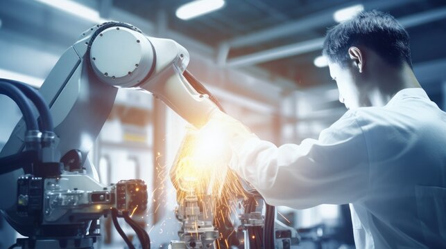 engineer building a robot in an factory close-up.