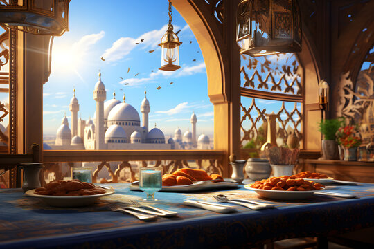 Arab food in dish on dining table with mosque and blue sky background.