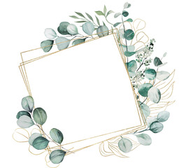 Wall Mural - Frame with green and golden watercolor eucalyptus leaves, isolated wedding illustration