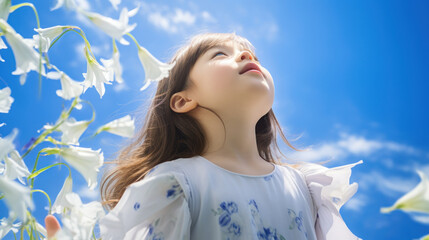 Wall Mural - A beautiful little girl in a bluebell flowers field against a blue sky