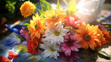 Bouquet Of Colorful Flowers In A Vase On The Table