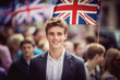 A portrait of a male student with a backpack against the backdrop of the British flag reflects his association with a British university and his commitment to education.