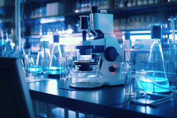 Poster - Modern medical research laboratory with microscope and test tubes with biochemicals on the desk. Scientific lab biotechnology development center of high-tech equipment, technology.