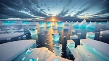 Icebergs Floating On The Ocean At Sunrise. Sky Filled With Dramatic Clouds. Arctic Glaciers And Ice Floes In Sea. Polar Landscape. Concept Of Melting Glaciers, Climate Change, Global Warming. Zoom In