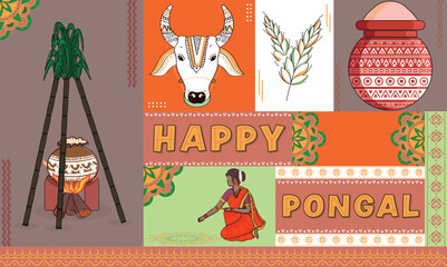 Wall Mural - Happy Pongal Celebration Background with Character South Indian Woman, Traditional Dish Cooking at Bonfire, Cow Or Bull Face and Sugarcane.