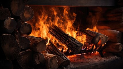 Burning firewood in the fireplace in a country cottage.