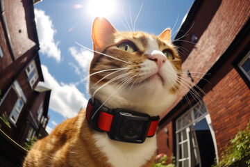 Wall Mural - Cat walking outdoors wearing small streaming camera on it's collar. Pet wearing gps tracking device.