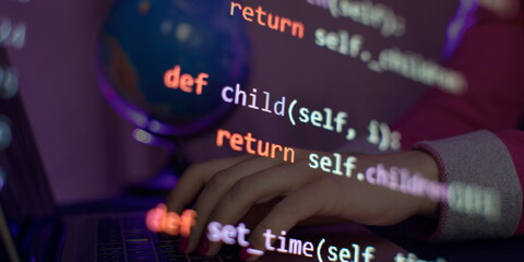 Writing programming functions on laptop. Big data and Internet of things trend.