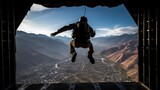 Airborne soldier with parachute on back jumps out of plane at sunrise light. Paratrooping military forces officer practices for mission. Trained man dives in open air from army airplane board