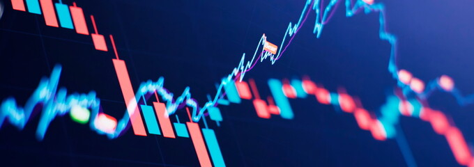 Wall Mural - Candlesticks going up indicating crypto rising in value. Graphical representation of volumes and time intervals of digital cryptocurrency past price movements