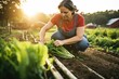woman picking fresh asparagus from her garden