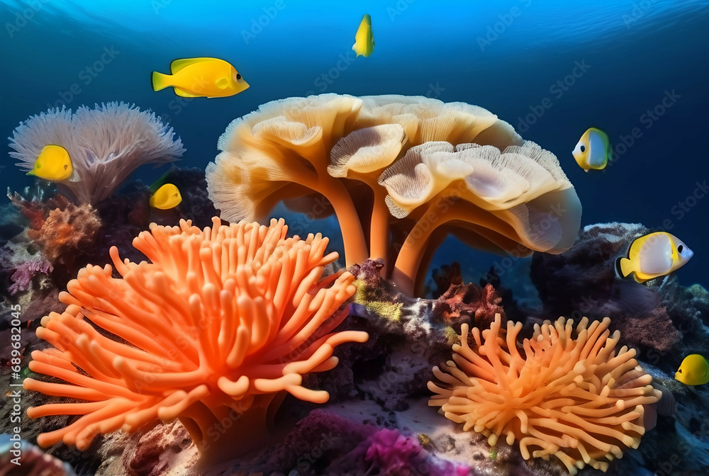Beautiful underwater scenery with various types of fish and coral reefs ...